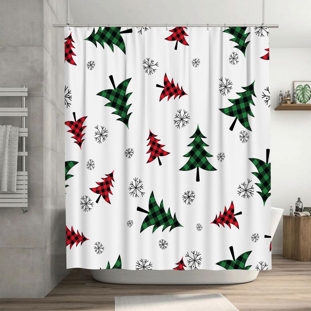 Festive Christmas Decor Shower Curtain Red Green Plaid Holiday Tree Pattern Printed Bath Linen Decoration Waterproof Washable H