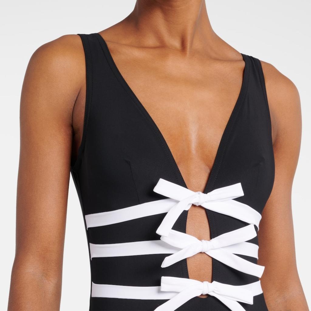 1011 European and American Swimwear New V-neck Bow Hollow Black and White One-piece Swimsuit Suit Women 11191