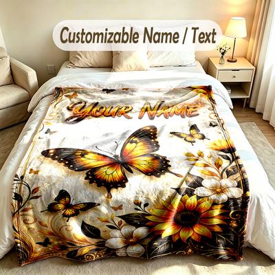 Manta Suave Tema Borboleta Personalizada Nome Personalizado Impressão de Texto Manta Quente Decoração de Sofá de Casa Quarto