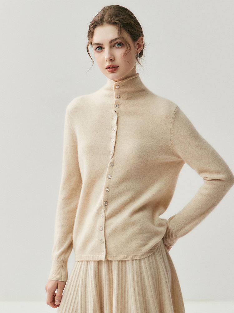 Damen Kaschmir-Strickjacke mit gerolltem Saum - Herbst/Winter Neuheit; Weicher, vielseitiger einreihiger Rollkragenpullover mit mehrknöpfigen langen Ärmeln