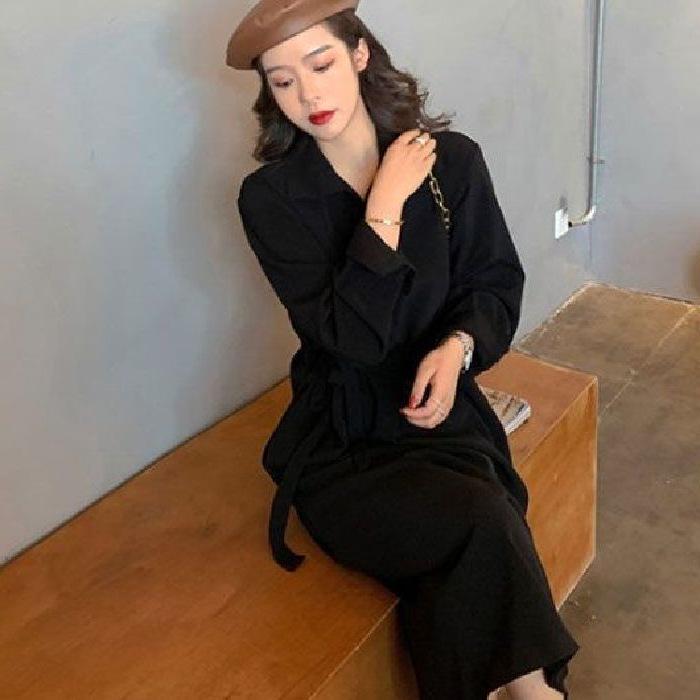 Hepburn Style Black Waist-Cinching Slim Long Dress - Classic Versatile Autumn/Winter Korean Shirt Collar Dress for Women