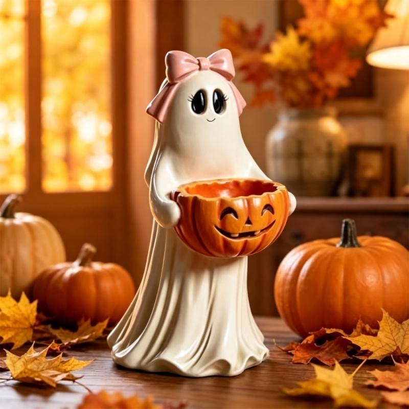 Halloween Tabletop Ghostly Decors With Pumpkin Candy Bowl, Resin Figurine for Entryway Mantels Shelf and Party Table Styling