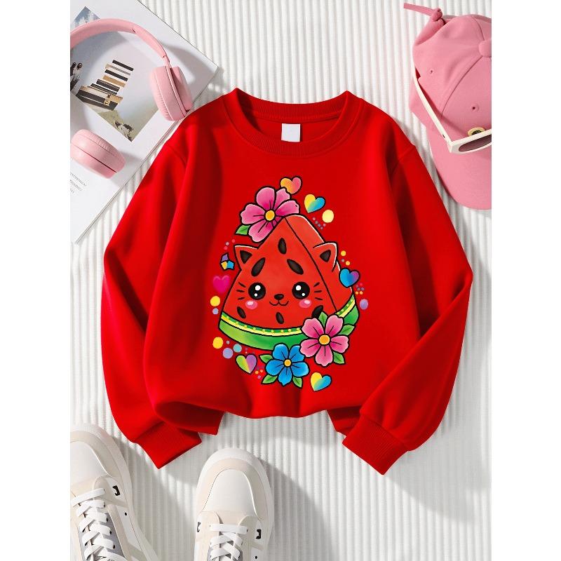 Kids Sweatshirt,Crew Neck Fashion Top, Fun"Cute Watermelon Cat Flower Hearts "patterned Sweatshirt, for Everyday Casual Wear,Casual Daily Sweatshirt