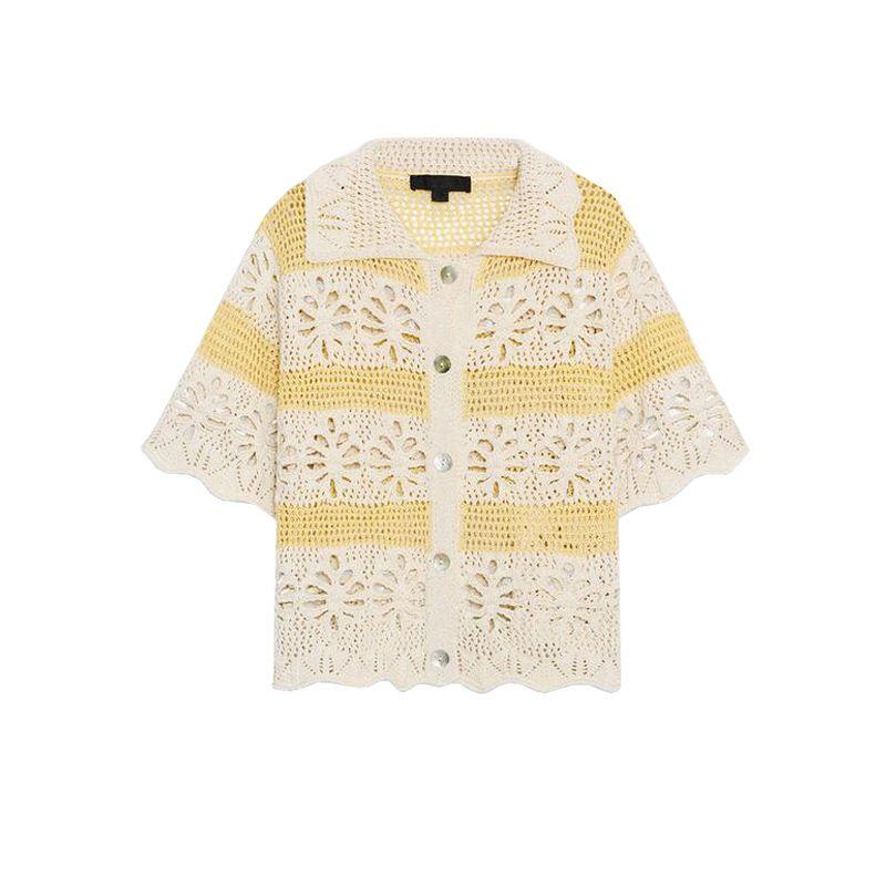 Summer New Product Women's Clothes Vacation Style Decorated Row Button Jacquard Mesh Lapel Sleeveless Knitting Tops 6236021