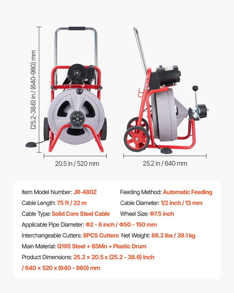Drain Cleaner Machine 22m x 13mm, Auto Feed Sewer Snake Drain Auger on Wheels, Portable Drain Cleaning Machine with 8 Cutters & Air-Activated Foot
