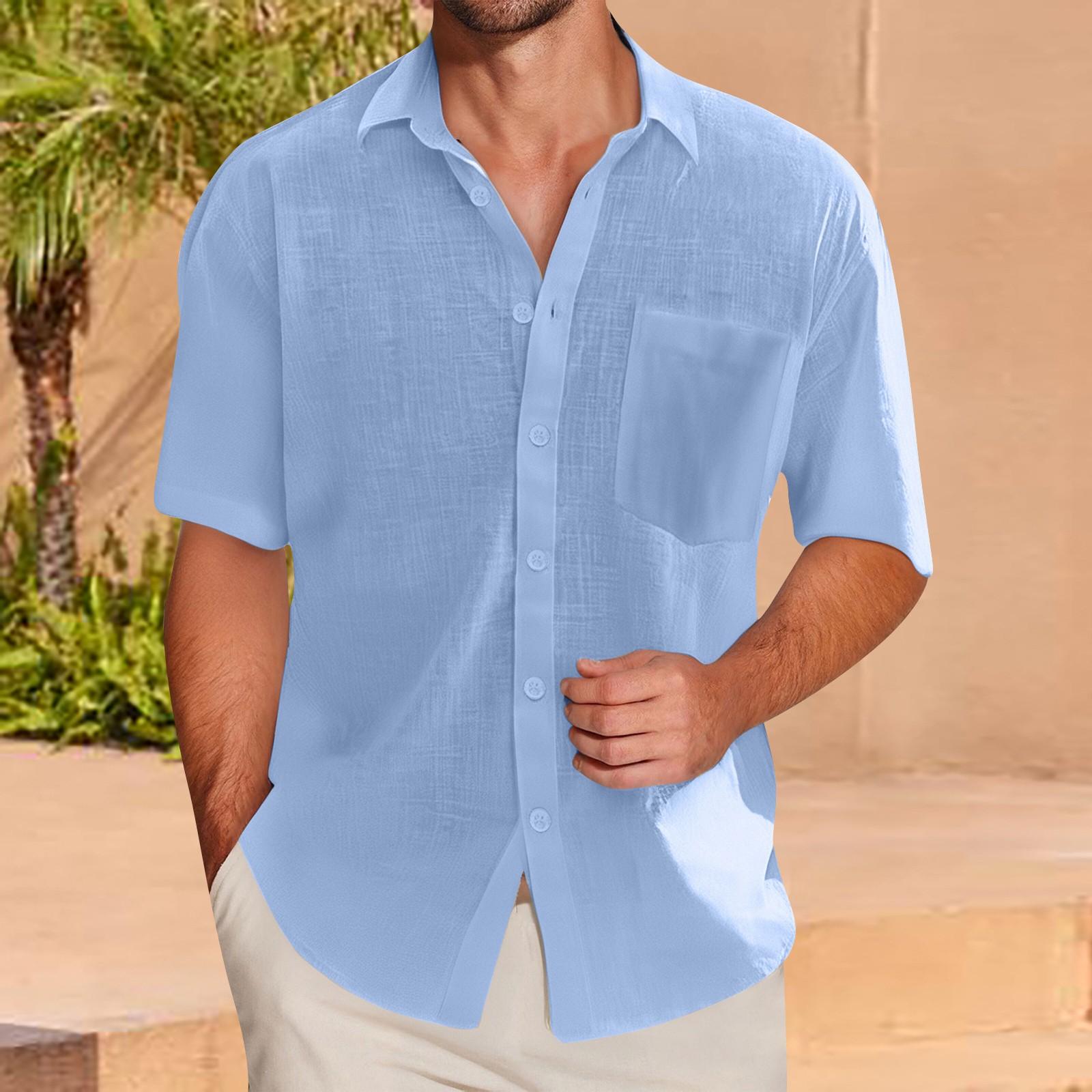 

Мужская рубашка с коротким рукавом из хлопка и льна, повседневная, с лацканами, приталенного кроя, дышащая, на пуговицах, с карманом L