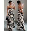 Women's V Neck Cutout Floral Print Maxi Dress Spaghetti Strap Backless Tie Waist Party Dress