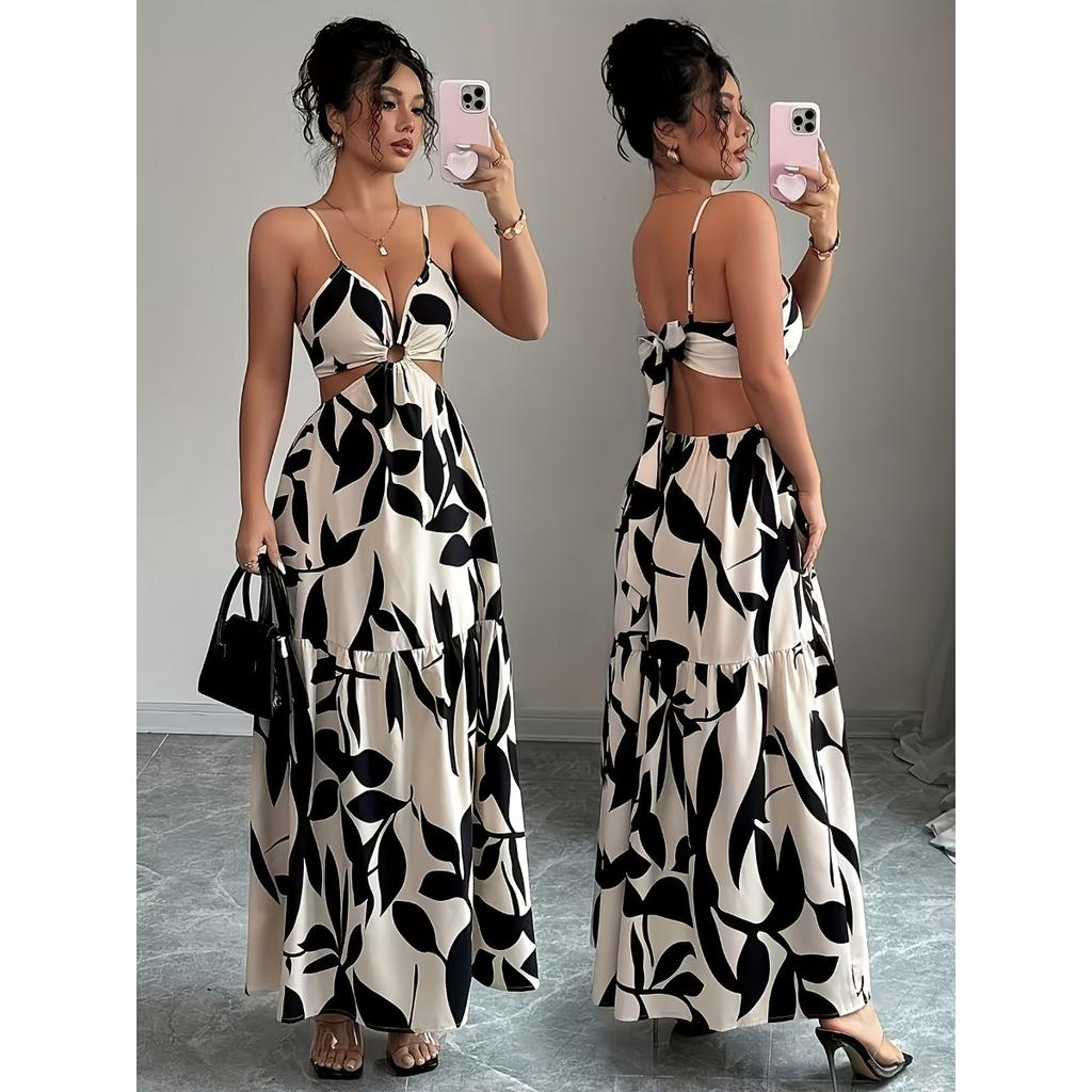 Women's V Neck Cutout Floral Print Maxi Dress Spaghetti Strap Backless Tie Waist Party Dress