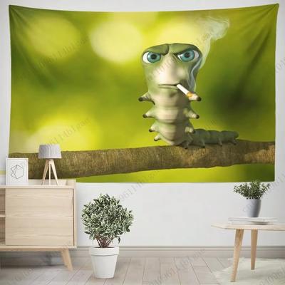 Comical Caterpillar with Cigarette Printed Tapestry Bohemian Witty Hippie Wall Cloth Home Decoration Hanging Art
