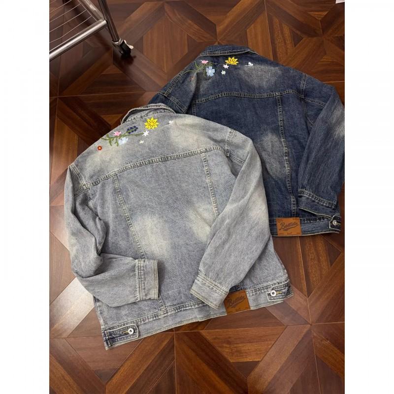 Unisex Streetwear Denim Jacket With Embroidery Detail Loose Fit Outerwear