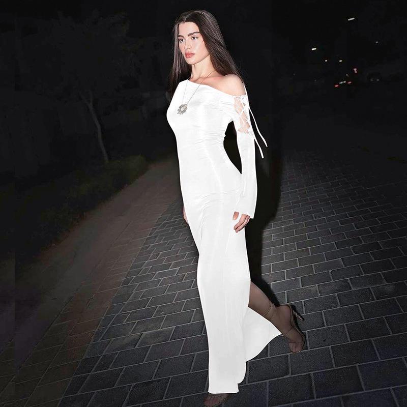 European American Style Solid Color Off Shoulder Slim Bodycon Long Sleeve Maxi Dress