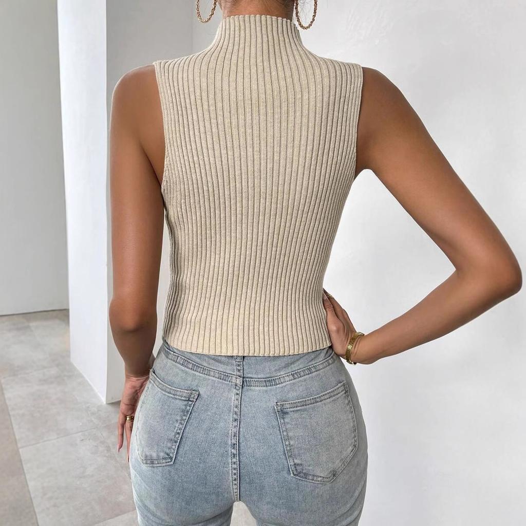 Best-selling Women's Half-high Collar Pitted Stripe Top Tank Top