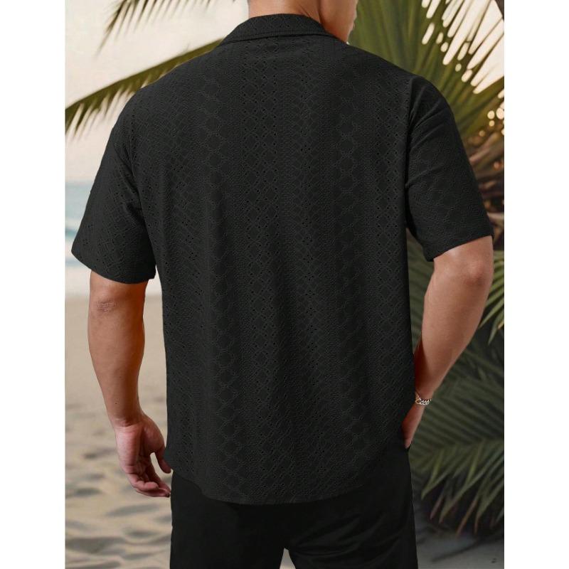 Men Notch Collar Short Sleeve Shirt Hollow Eyelet Jacquard Textured Full Button Loose Vacation Breathable Casual Blouse