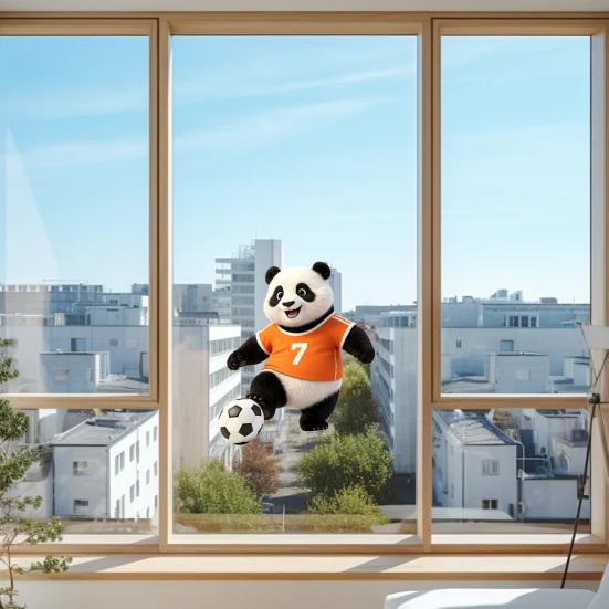 Football Panda Design Window Sticker, No Glue Residue Glass Decal for Living Room Bedroom Entrance Hall Home Decor