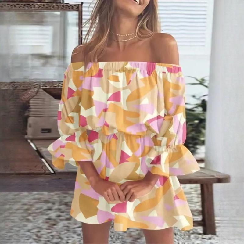 Spring/Summer Women s Sexy Fashion Off-the-Shoulder Printed Dress XXXL жёлтый