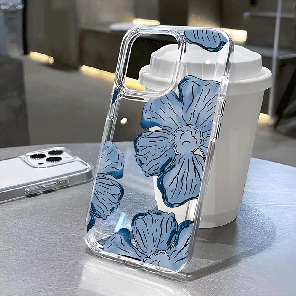 Transparent Large Hole Ink Flower Phone Case iPhone 15 Pro Max 11 12 13 16 14 Plus Silicone Shockproof Case Lens Protector Shell