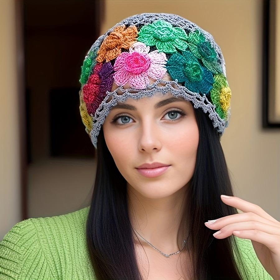 Women's Bohemian Floral Hat - Lightweight Elastic Stretch Fit, Handmade Crochet Design with Multicolor Flowers Breathable Summer