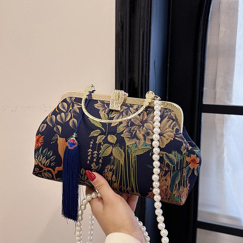 Tradisjonell kinesisk silkehåndveske med perlelås, vintage qipao-design crossbody-veske for bryllup og festivaler