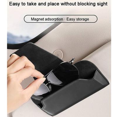 Car Sun Visor Glasses Holder Case Sunglasses Clip Leather Glasses Box Card Ticket Magnetic Fastener Organizer Eyeglasses Storage