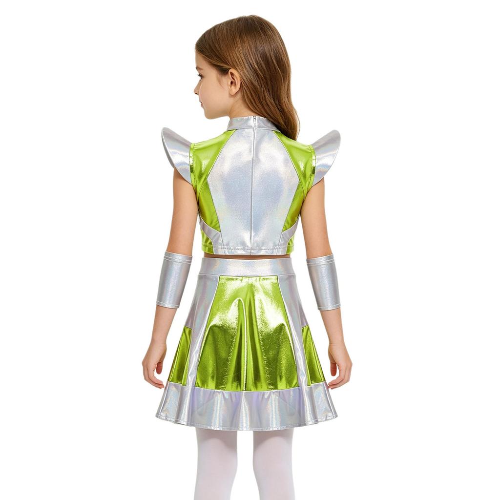 Girls Halloween Alien Cosplay Costume 3 Pieces Cap Sleeve Glossy Metallic Short Top Skirt Oversleeves