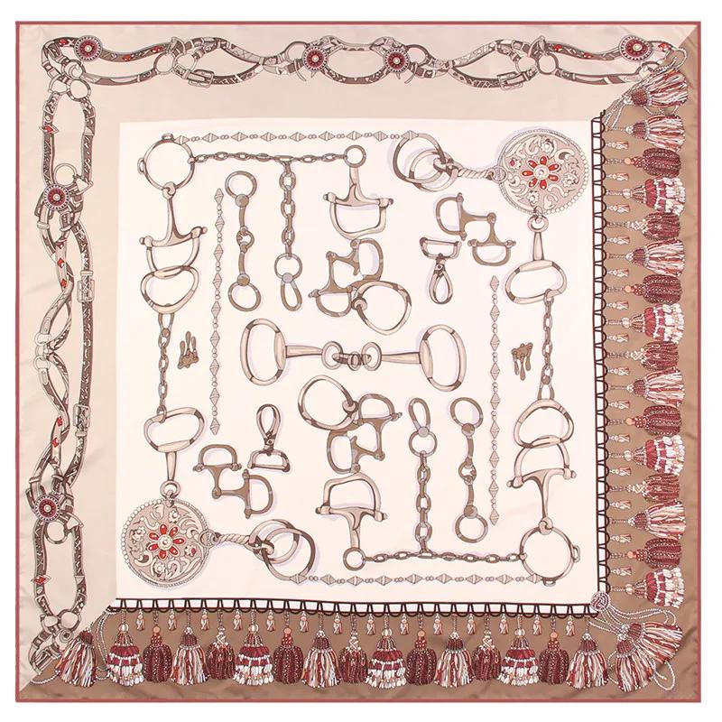 Manual Hand Rolled Twill Silk Scarf Women Tassel Chain Print Square Scarves Wraps Echarpe Curled Foulards Femme Bandana Hijabs