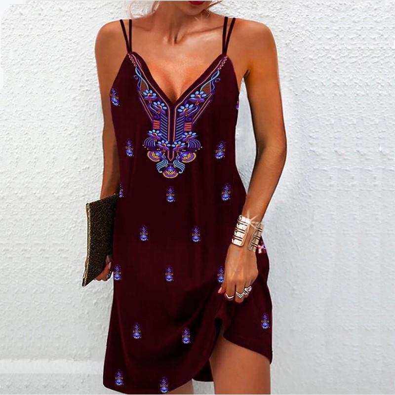 

European American Summer Bohemian National Style V-neck Dress XS вино красного