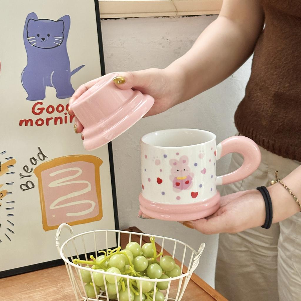 Cute Polka Dot Puppy Couple Water Cup High Value Ceramic Mug with Lid for Home Breakfast Coffee Cup