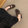 One-word Leopard Print Velvet Thermal Cotton Shoes Women's Winter Mary Jane Fluffy Shoes Retro Flat Birkenstocks