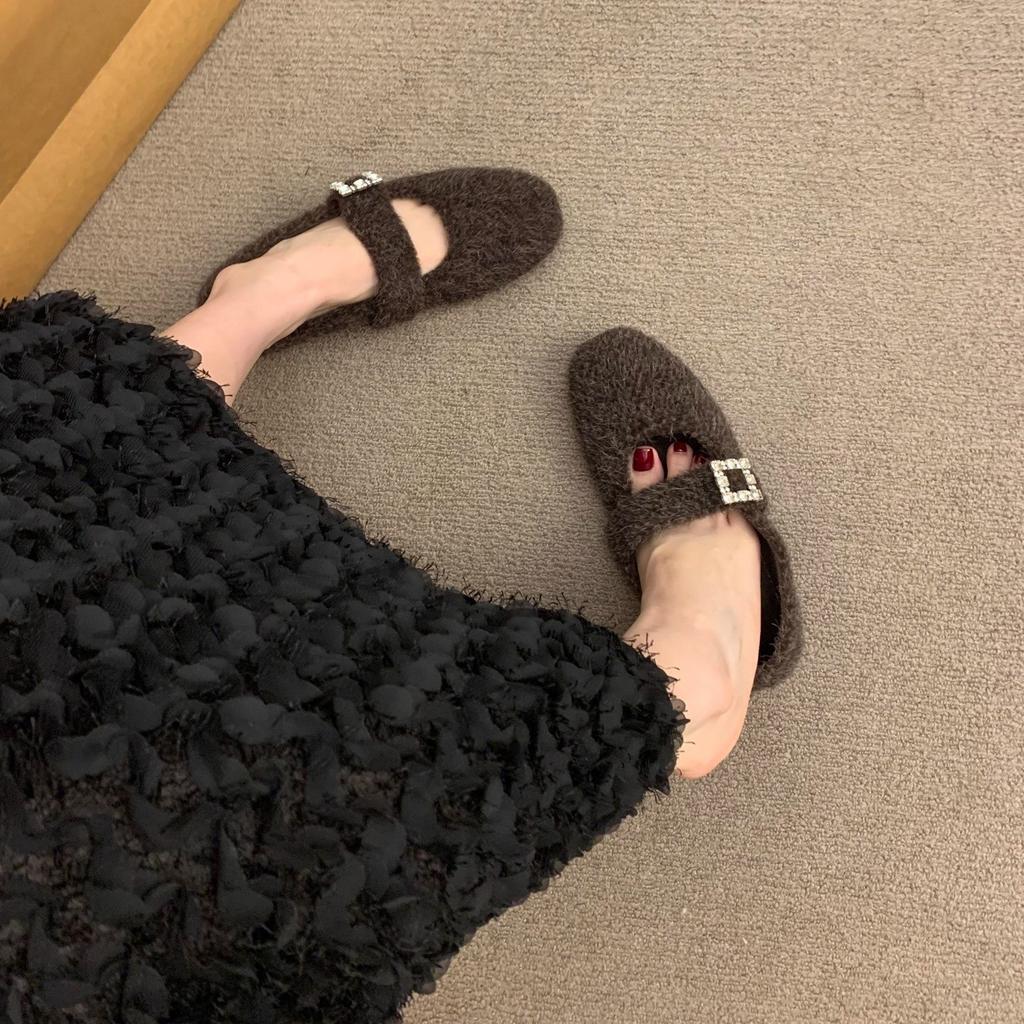 One-word Leopard Print Velvet Thermal Cotton Shoes Women's Winter Mary Jane Fluffy Shoes Retro Flat Birkenstocks