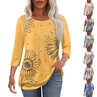 Tricou de damă la modă casual plisat cu gât rotund, cu imprimeu de agrement, cu mâneci trei sferturi