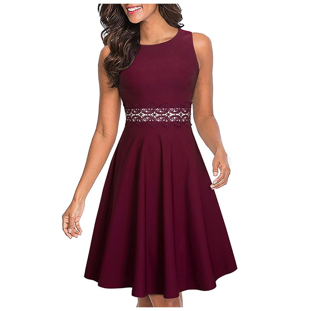 Petite robe élégante à la mode pour femmes, col rond, sans manches, imprimée en dentelle