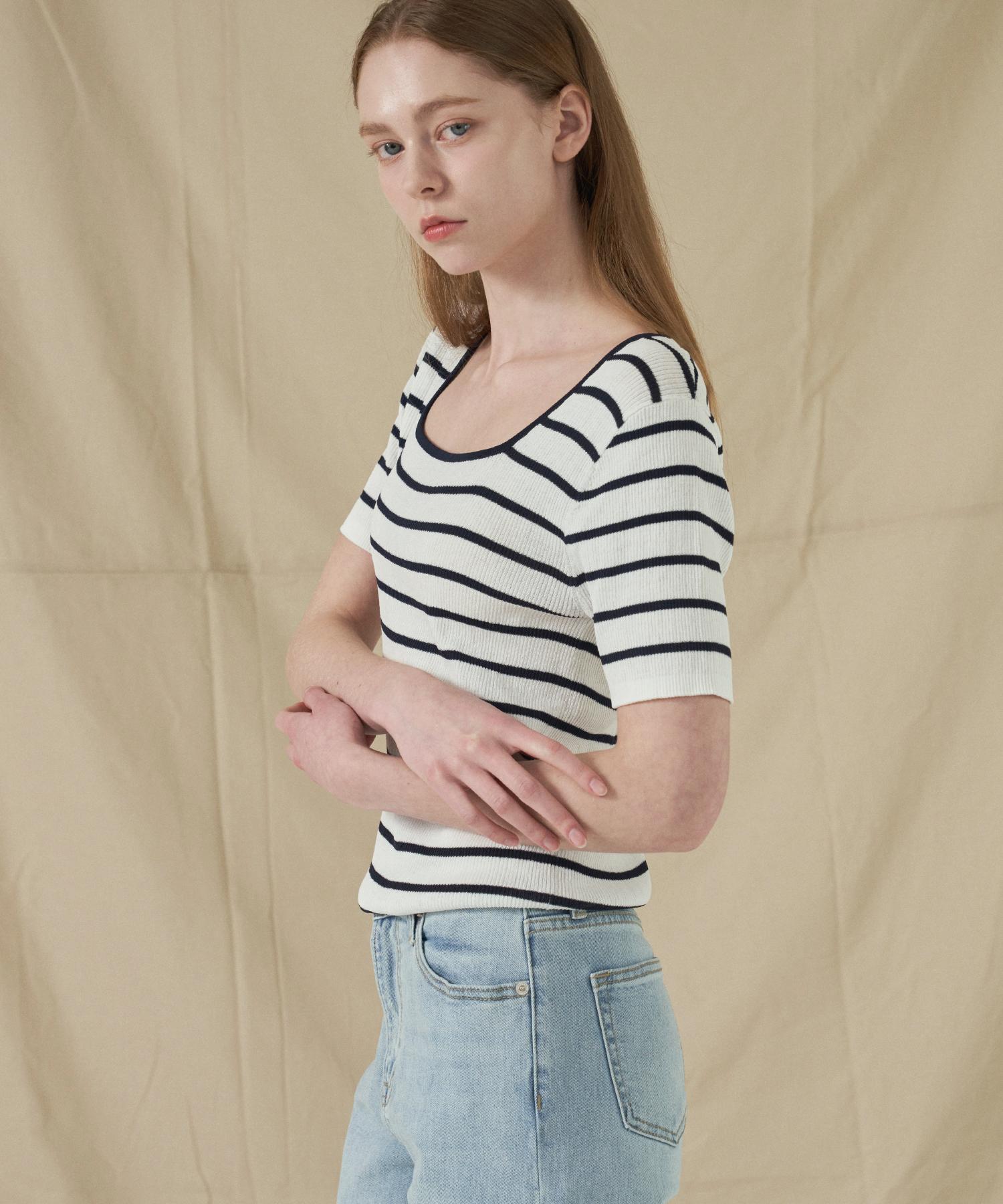 210 Edit Women S Square Neck Slim Ribbed Short Sleeve Knit - Stripe White Ze2Sw643 Striped White (Swt)/85