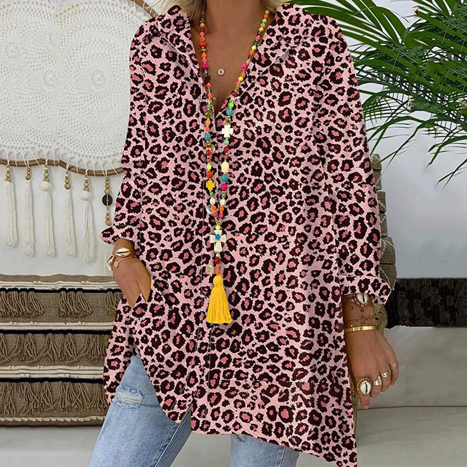 Women s Leopard Print Print Single-breasted Loose Long-sleeved Lapel Shirt L розовый
