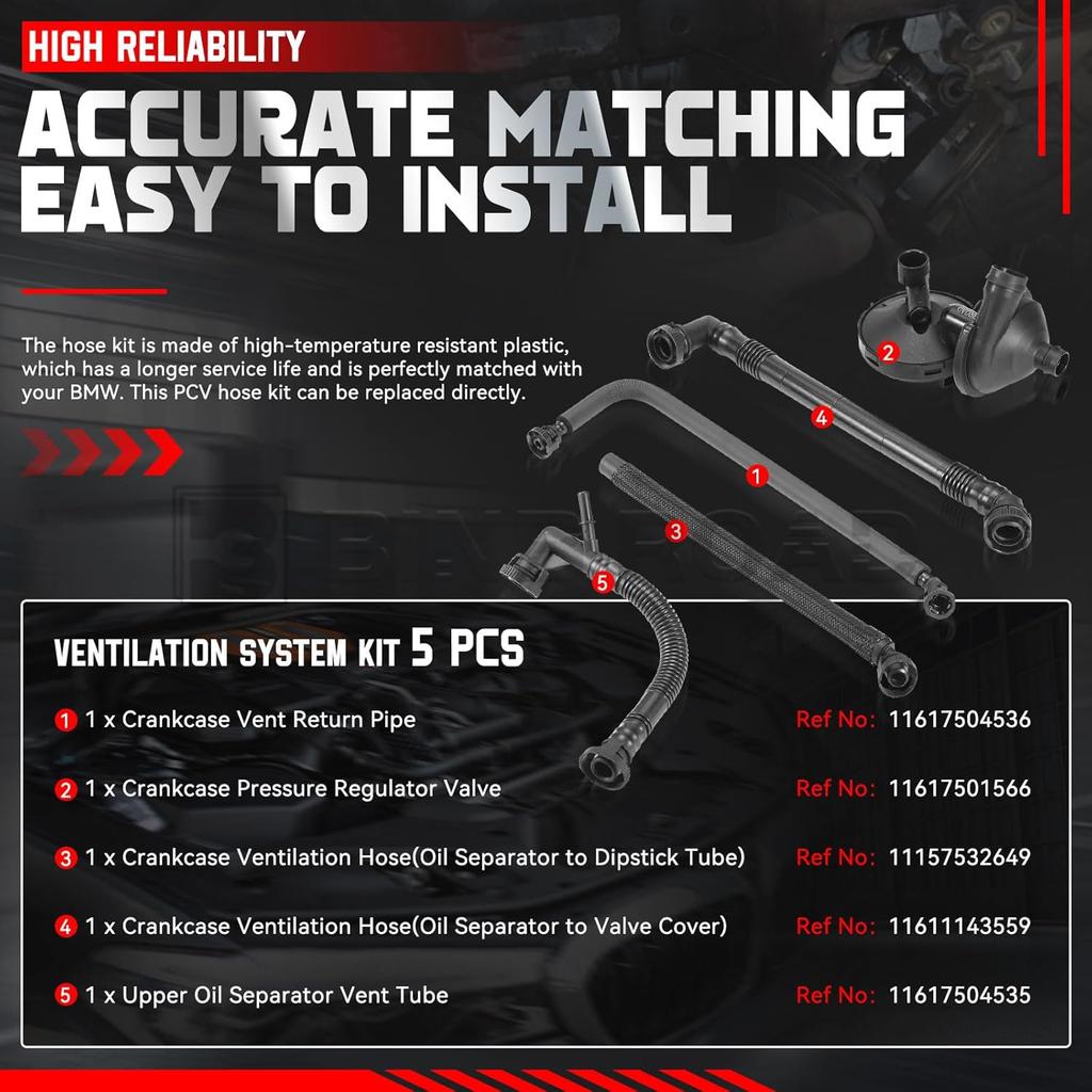 5Pcs Crankcase Vent Valve & Breather Hose Kit 11617504536 + 11611432559 + 11157532649 + 11617504535 + 11617501566 Compatible with BMW 325i 328i 525i