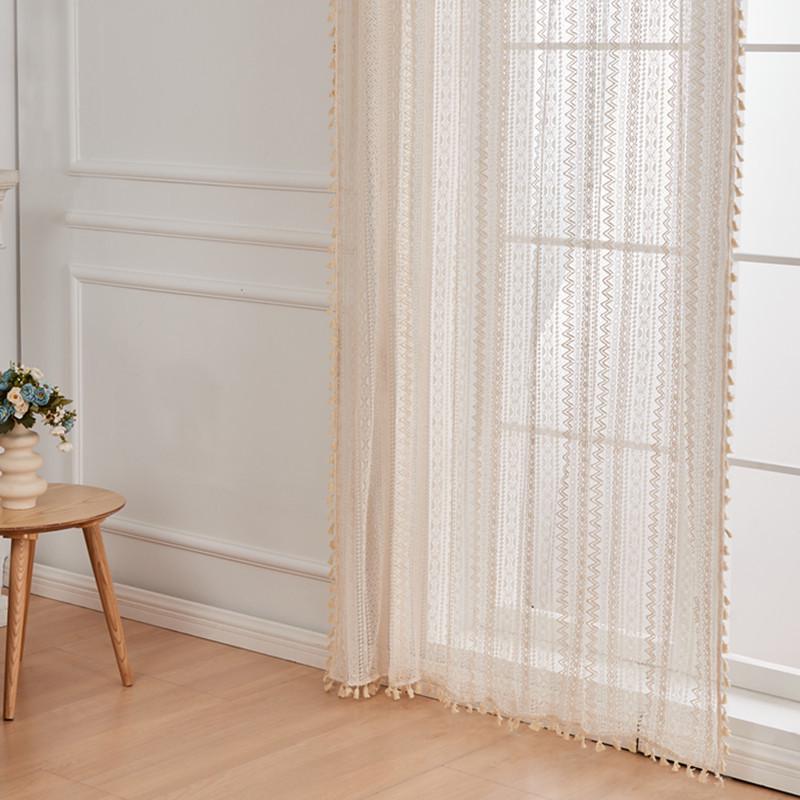 Nordic Beige Geometric Floral Lace Curtain Fabric for Living Room and Bedroom