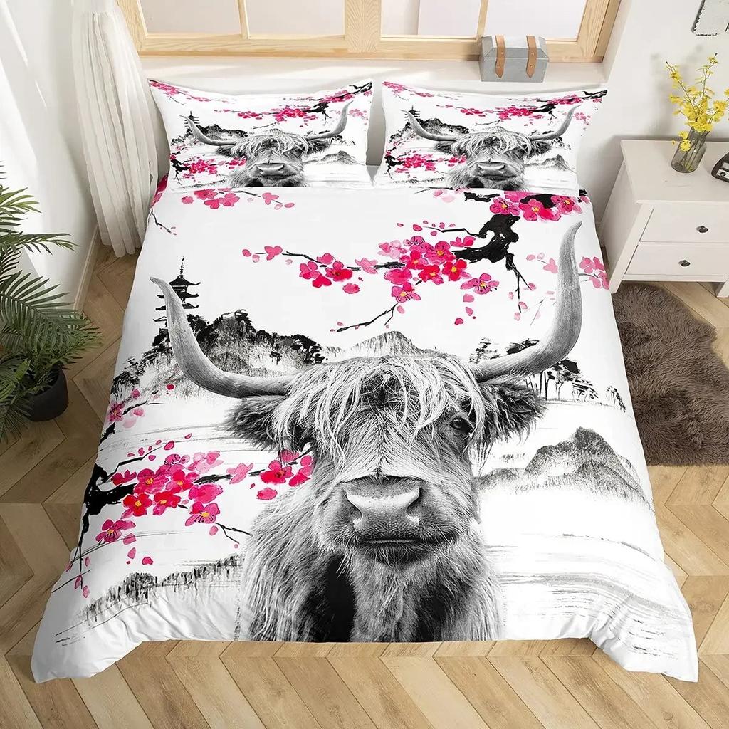 Highland Cattle Cute Floral Cow Yellow Sunflower Comfortable Duvet Quilt Cover Pillowcase Bedding Set Children Home Textile