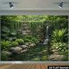 2D plane 1 piece of Zen-style garden waterfall background fabric - stone wall waterfall and green plant pattern