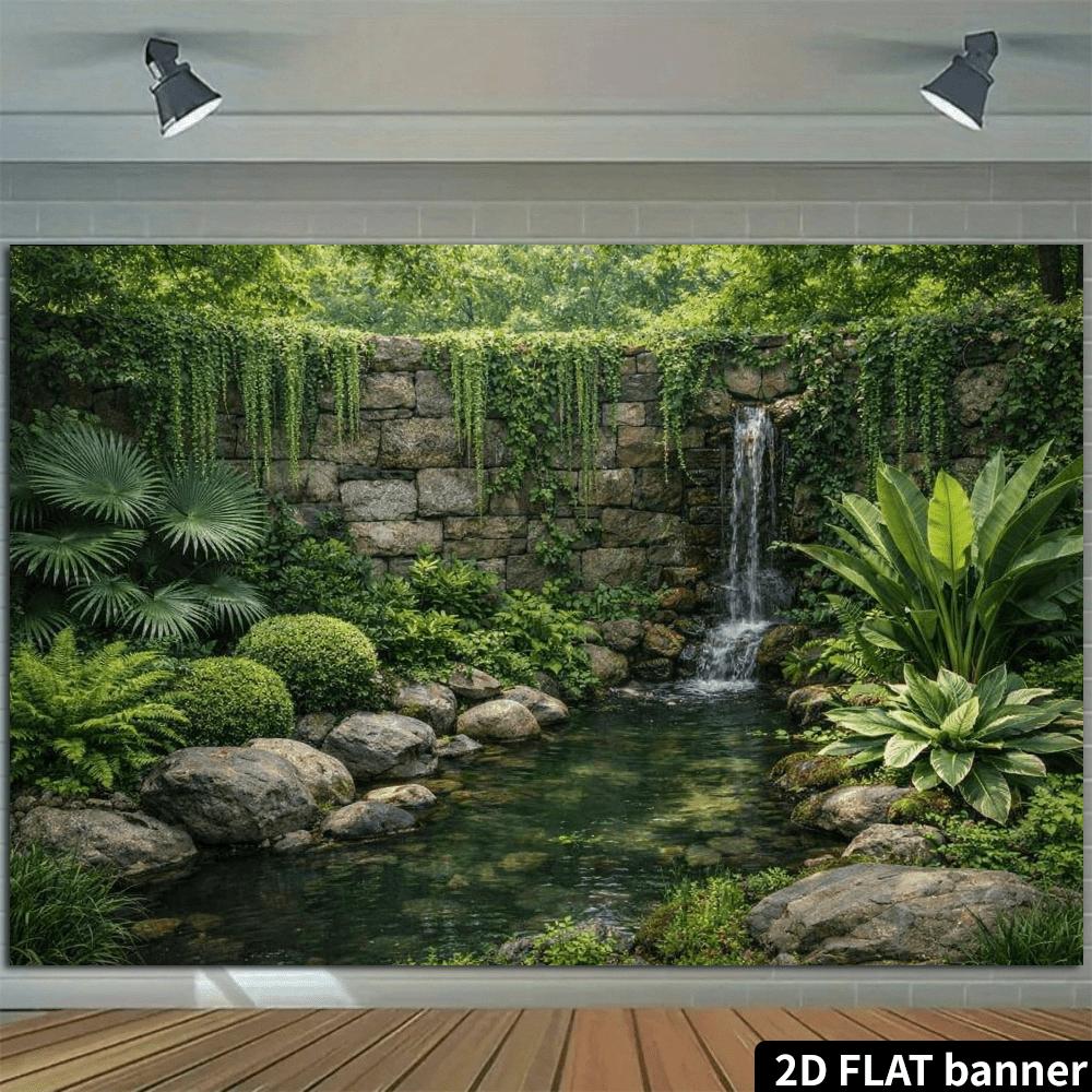 2D plane 1 piece of Zen-style garden waterfall background fabric - stone wall waterfall and green plant pattern