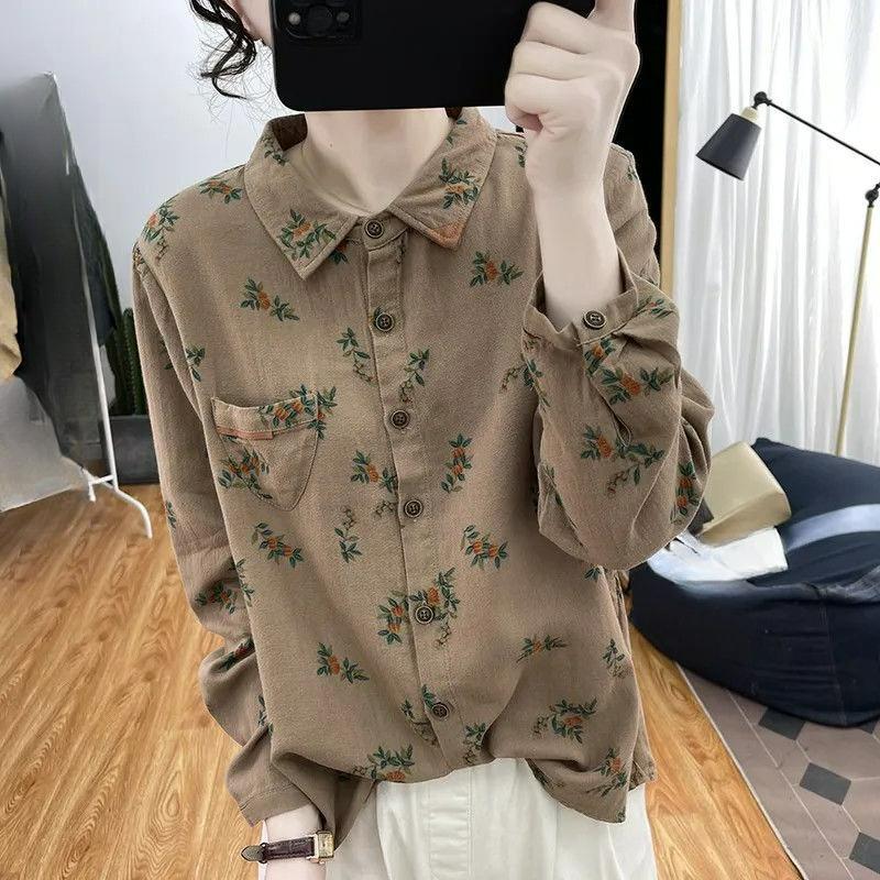 

Хлопковая рубашка с лацканами с принтом, женская, большого размера, свободная, с темпераментом, литературная и артистичная, универсальная, тонкая, на весну и осень, с длинным рукавом S хаки
