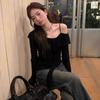 Top Maglietta Lavorata a Maglia Nera con Spalle Scoperte e Maniche Lunghe Slimming