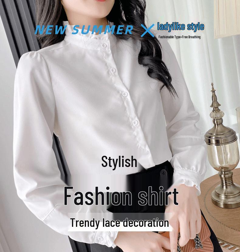 Women's 2024 French Stand-Up Collar Ruffled Long-Sleeve Shirt