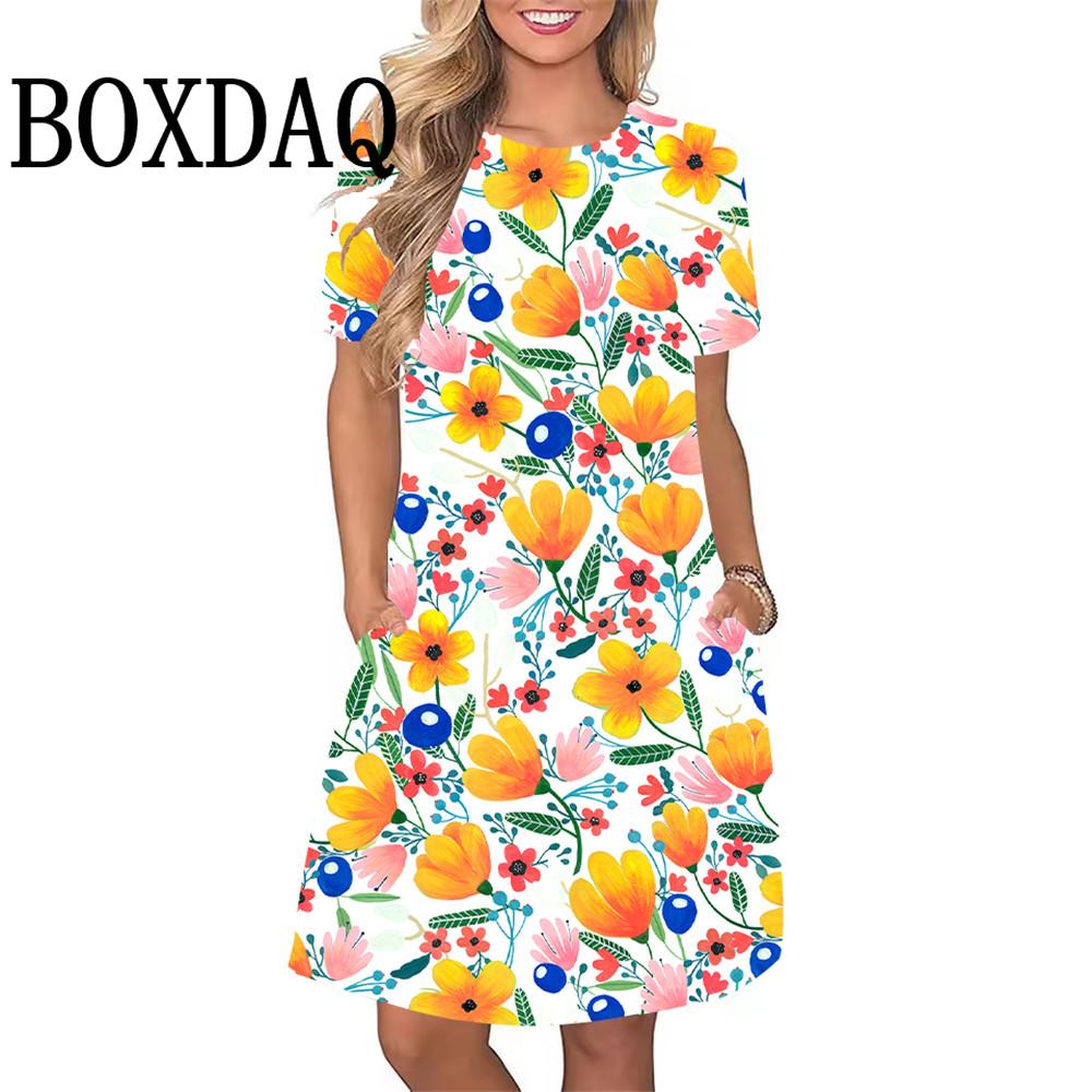 Women's Dresses Sweet Lemon Floral Print A-Line Dresses Plus Size Female Summer Loose Pocket Dress Sundress Beach Style