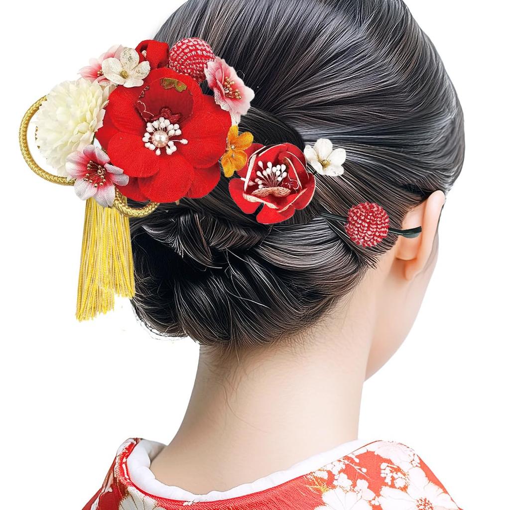 Hair Ornament Set Furisode Ceremony Red Flower Crepe 3-piece Coming-of-age Kk-056