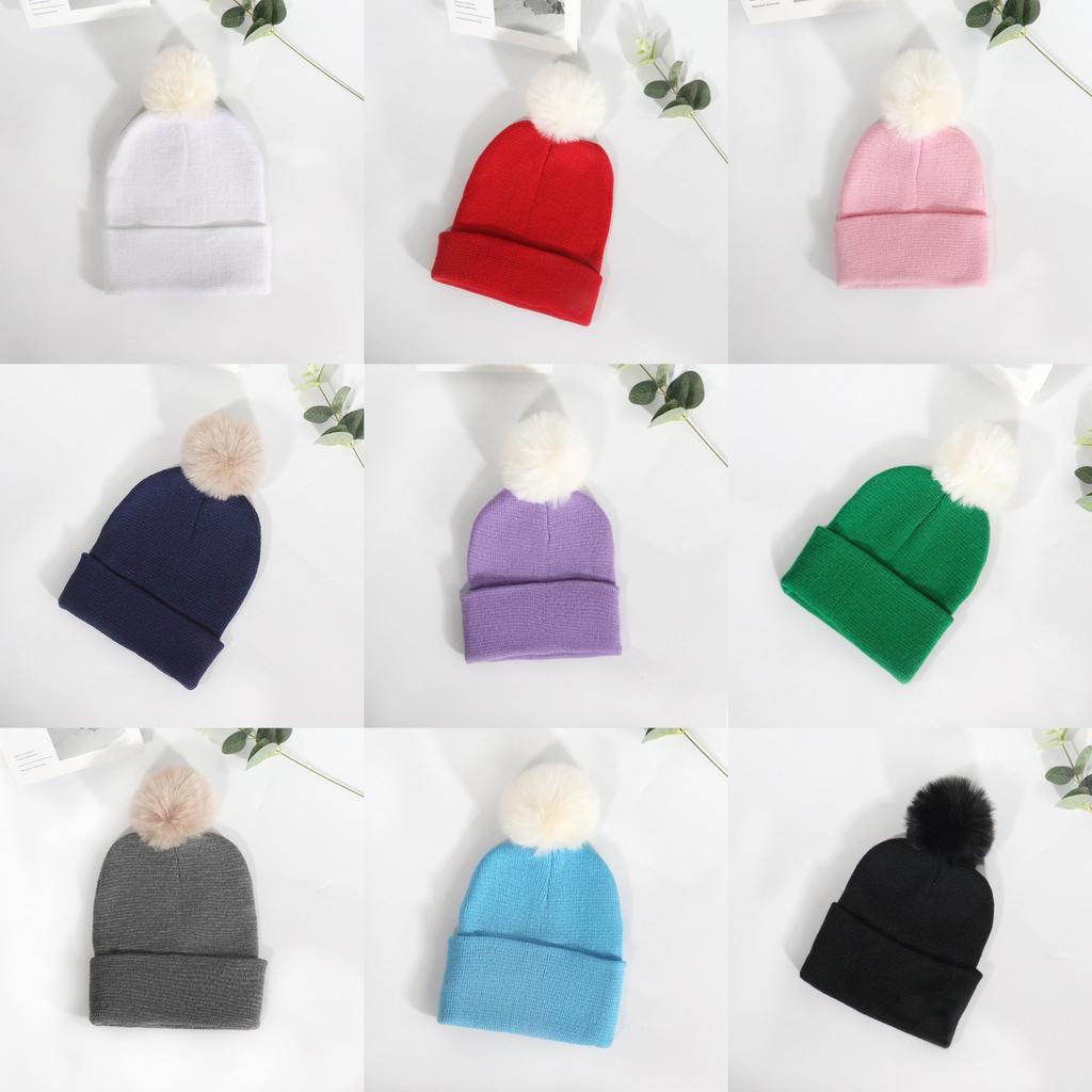 Plush Solid Color Ball Knitted Cap Breathable For Fall Season Gift Fashion