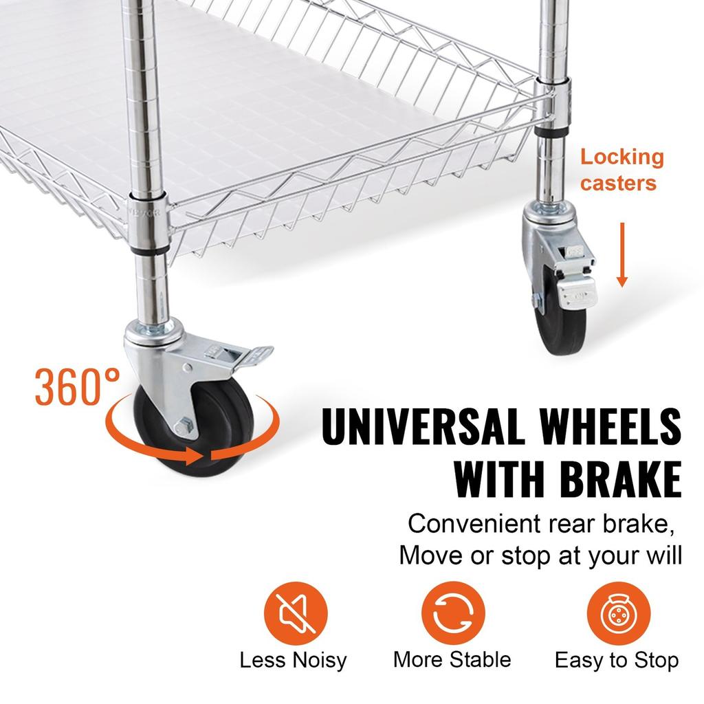 Kitchen Utility Cart, 3 Tiers, Wire Rolling Cart with 661LBS Capacity, Steel Service Cart on Wheels, Metal Storage Trolley with 80mm Basket Curved