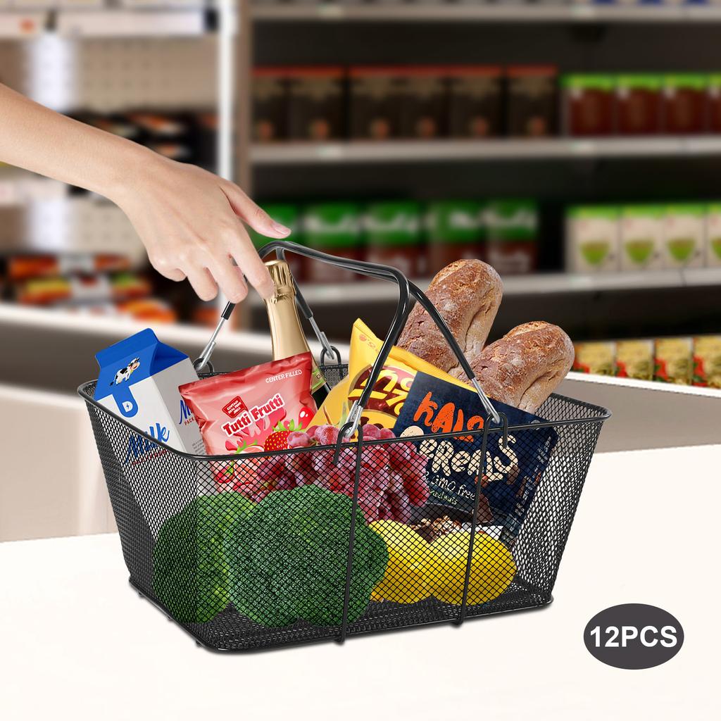 12PCS Black Metal Shopping Baskets with Handles, Mesh Storage Baskets, Portable Retail Store Baskets, Commercial Shopping Cart