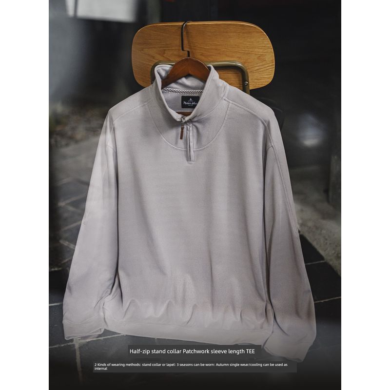 Madden Parka American Casual Half Zipped Stand Collar Stitching Long Sleeve T-shirt Lapel Pullover Solid Color Hoodie Men's Autumn