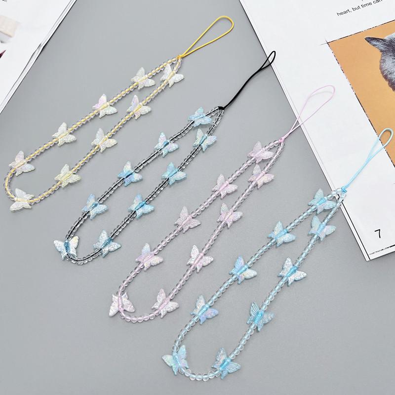 Colorful Butterfly Pendant Beaded Mobile Phone Chain Fashion Cellphone Case Hanging Rope Women Telephone Phone Lanyard Jewelry