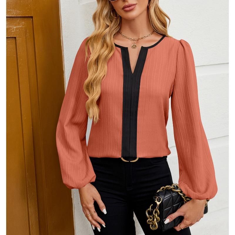 Haut de chemise à manches longues bouffantes à col en V et à assortiment de couleurs pour femmes