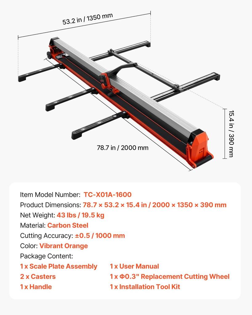 1600 mm Manual Tile Cutter, Upgraded Rail and Sliding Head, Precision Alignment Guide, Tungsten Carbide Cutting Wheel, Support Legs with Swivel